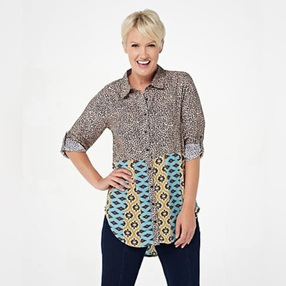 Anthropologie Tolani 2X Cheetah Color Block Print Hi-Lo Long Sleeve Blouse Top